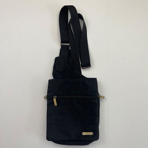 Vintage Travelon‎ Crossbody Sling Bag Purse Black w/ Leopard Print Interior - Picture 1 of 13